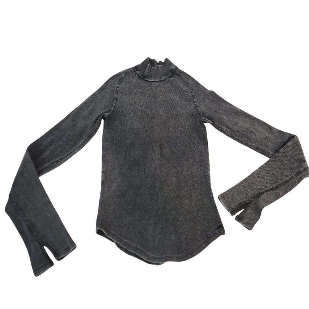 We The Free People Grey Acid Wash Ribbed Mock Neck Long Sleeve Top XS